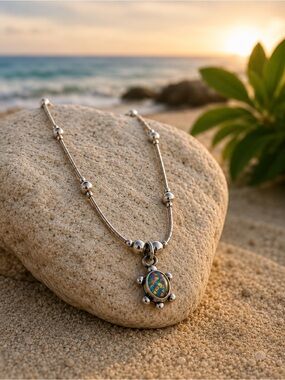 .925 Sterling Silver Fire Opal Sea Turtle Necklace Choker 16” Beaded Chain